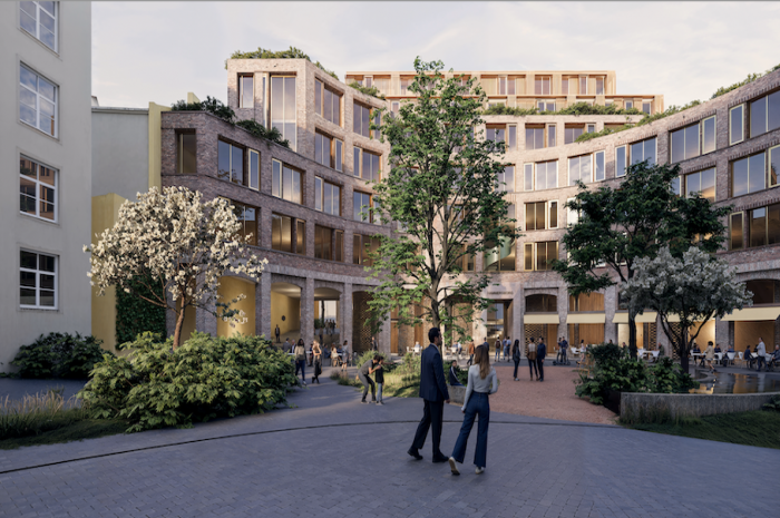 Nytt forslag for Kommandant T.I Øgrims plass med åpne bylivsfunksjoner på gateplan og en fasade som definerer byrommet. Ill.: Atelier Oslo